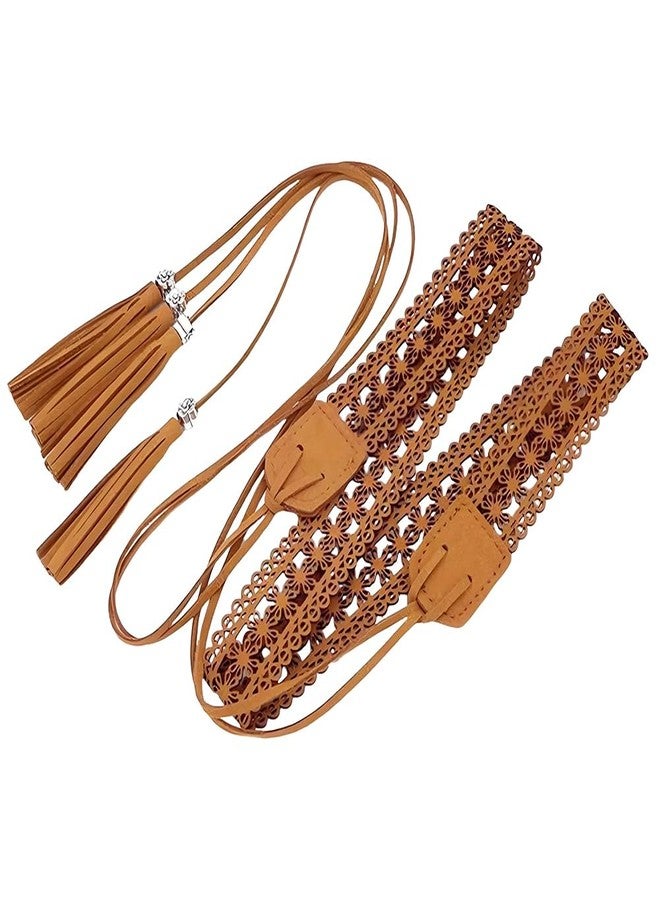 CALFOVERA Bohemian Tassel Waistband 66.54 x 1.12 Inch PU Leather Vintage Hollow Braided Belt Boho Knotted Waist Belt with Wax Rope Western Ethnic Macrame Waisbands for Women Dress Skirt (Saddle Brown) - Image 1